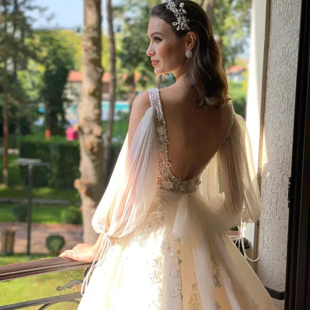 Sexy Deep V Neck Wedding Dress A-Line 3/4 Sleeve Open Back Tulle Lace Appliquéd Boho Bridal Gown Vestidos Custom - Image 3