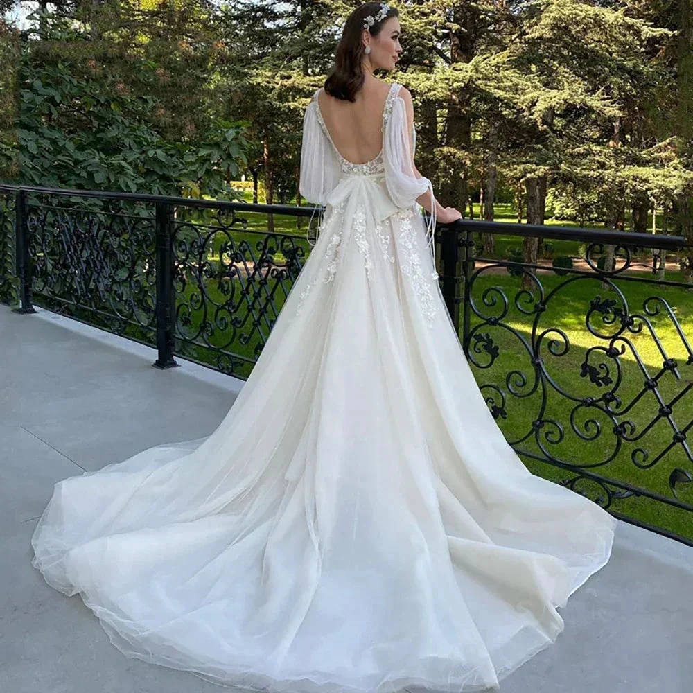 Sexy Deep V Neck Wedding Dress A-Line 3/4 Sleeve Open Back Tulle Lace Appliquéd Boho Bridal Gown Vestidos Custom - Image 4