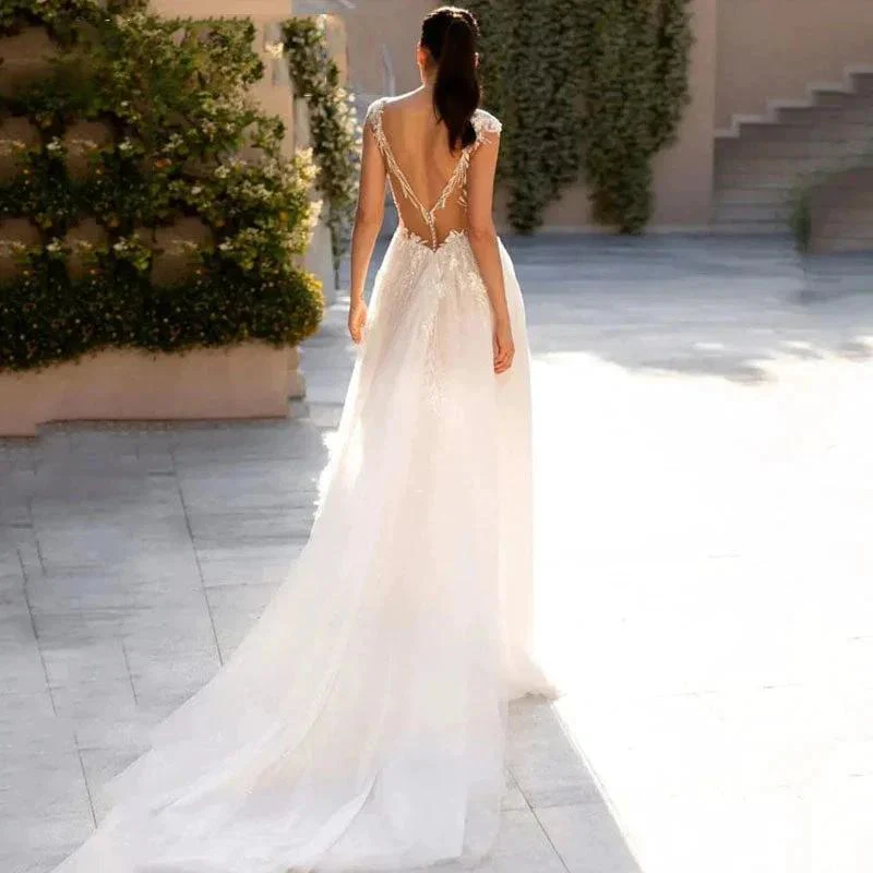 Sexy Deep V-Neck Wedding Dresses Cap Sleeve Backless Bride Gowns Elegant Tulle Lace Appliques A-Line Vestidos De Novia - Image 2