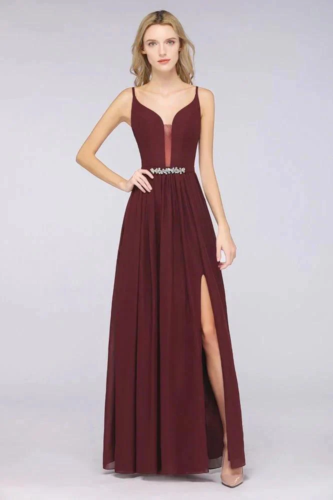Sexy Double Deep V-Neck Ruffles Sleeveless Bridesmaid Dress Chiffon Side Split Evening Party Dress - Image 2