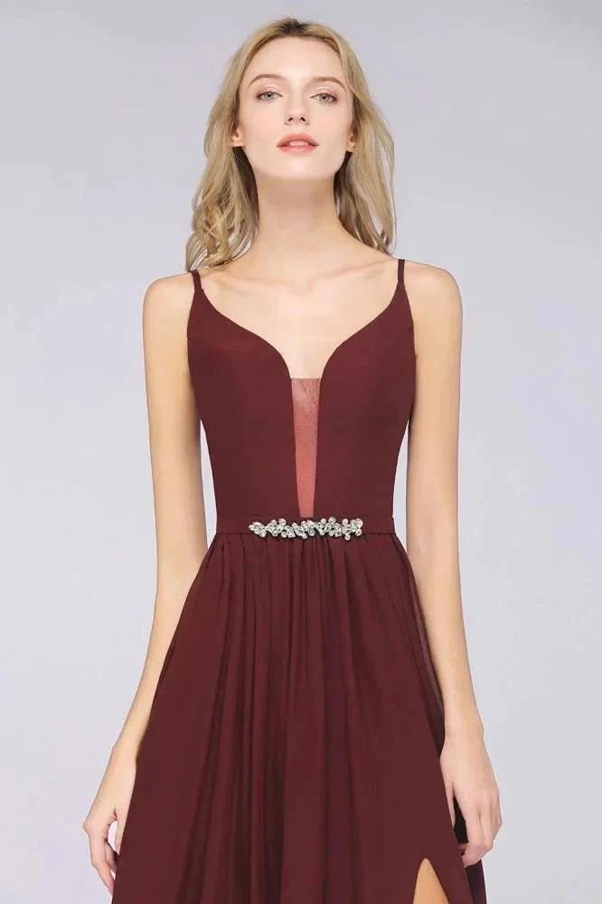Sexy Double Deep V-Neck Ruffles Sleeveless Bridesmaid Dress Chiffon Side Split Evening Party Dress - Image 7