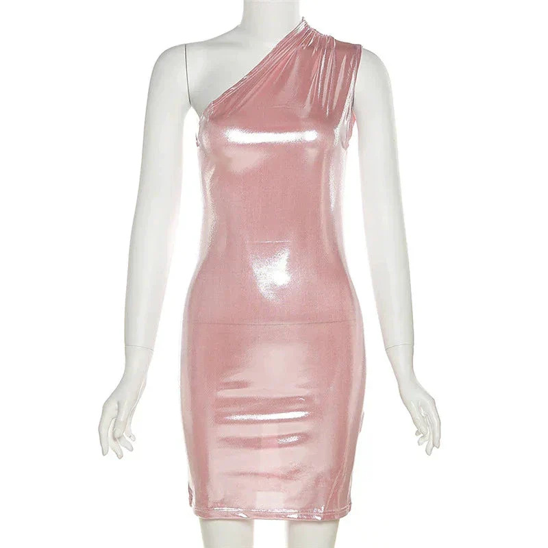 Sexy Dress Women One Shoulder Dress Solid Color Sleeveless Homecoming Dress Y1987 - Image 3