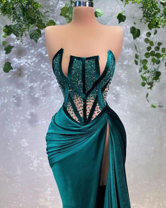 Sexy Evening Dress With Beaded Unique Long Prom Dress High Slit Y569 - Image 2