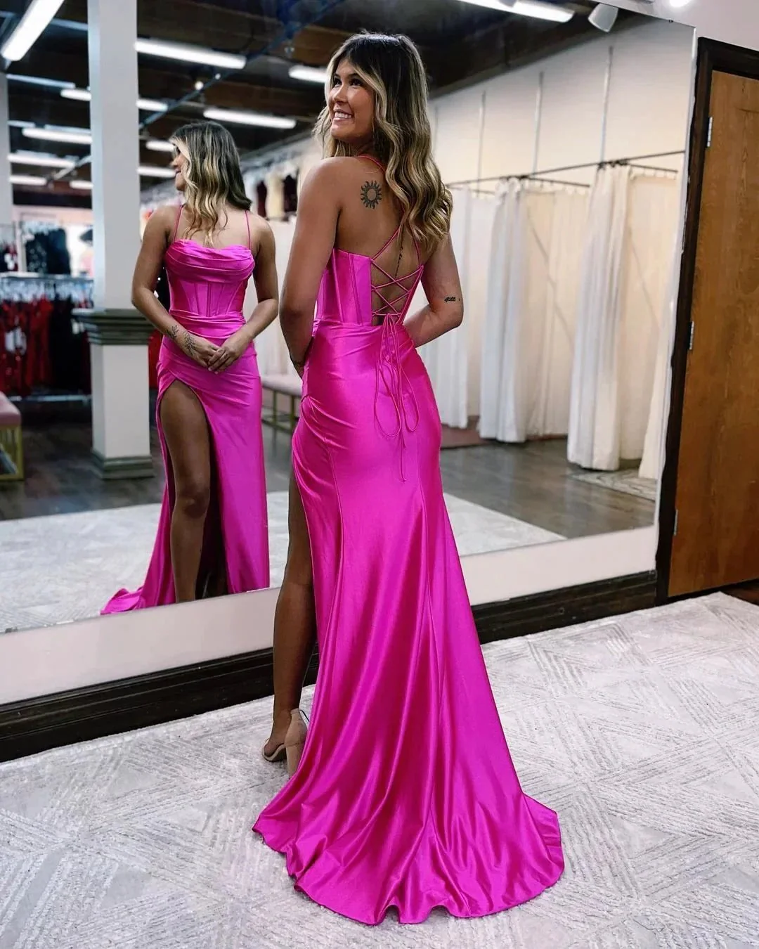Sexy Floor Length Spaghetti Strap Sleeveless Mermaid Satin Prom Dress with Ruffles - Image 8