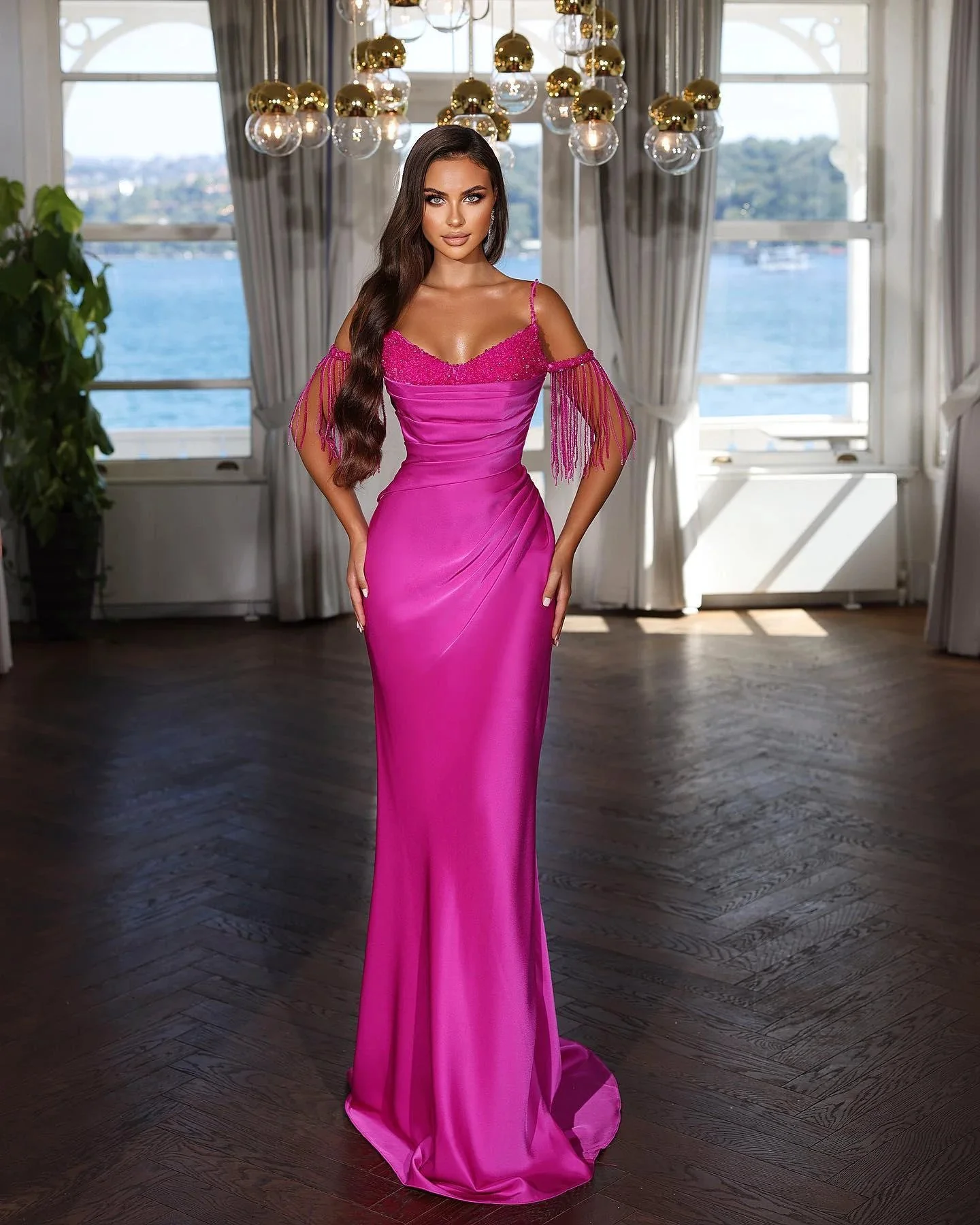 Sexy Floor Length Spaghetti Straps Mermaid Satin Evening Dress with Beads - Image 2