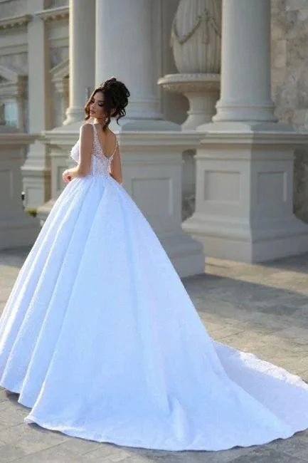 Sexy Floor-Length Straps Sleeveless V-Neck Beadings Ball Gown Wedding Dresses with Lace - Image 2