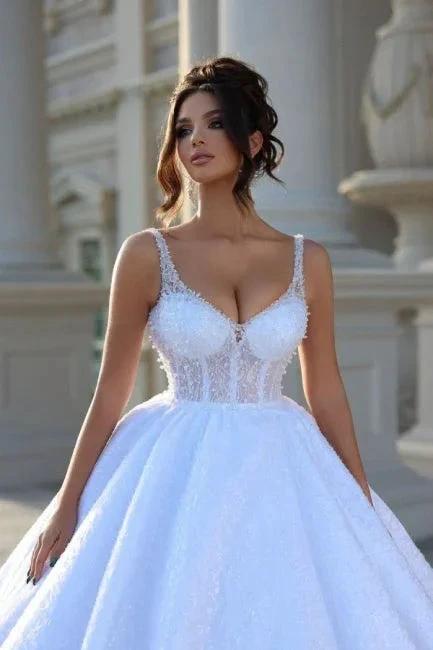 Sexy Floor-Length Straps Sleeveless V-Neck Beadings Ball Gown Wedding Dresses with Lace - Image 3