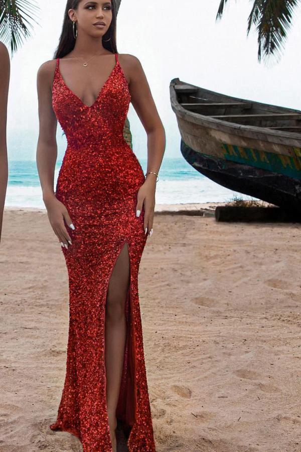 Sexy Glitter Long Mermaid V-neck Sequins Formal Prom Dress with Slit - Image 3
