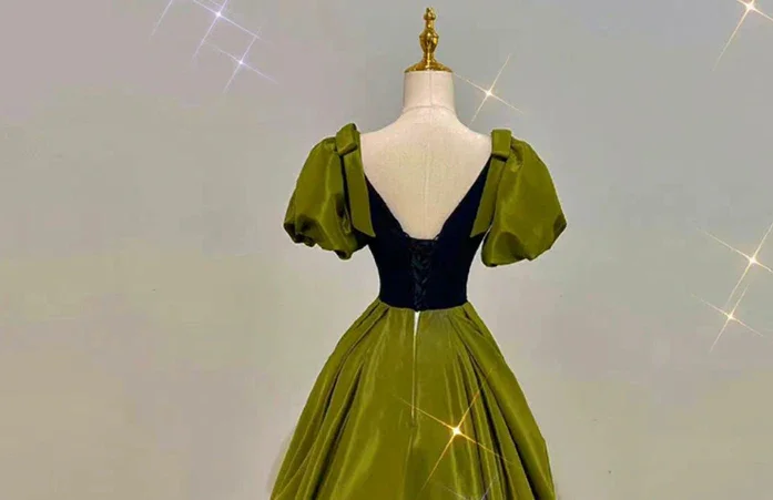 Sexy Green Satin V Neck Puff Sleeves Prom Dress Brithday Ball Gown Party Dress Y7600 - Image 3