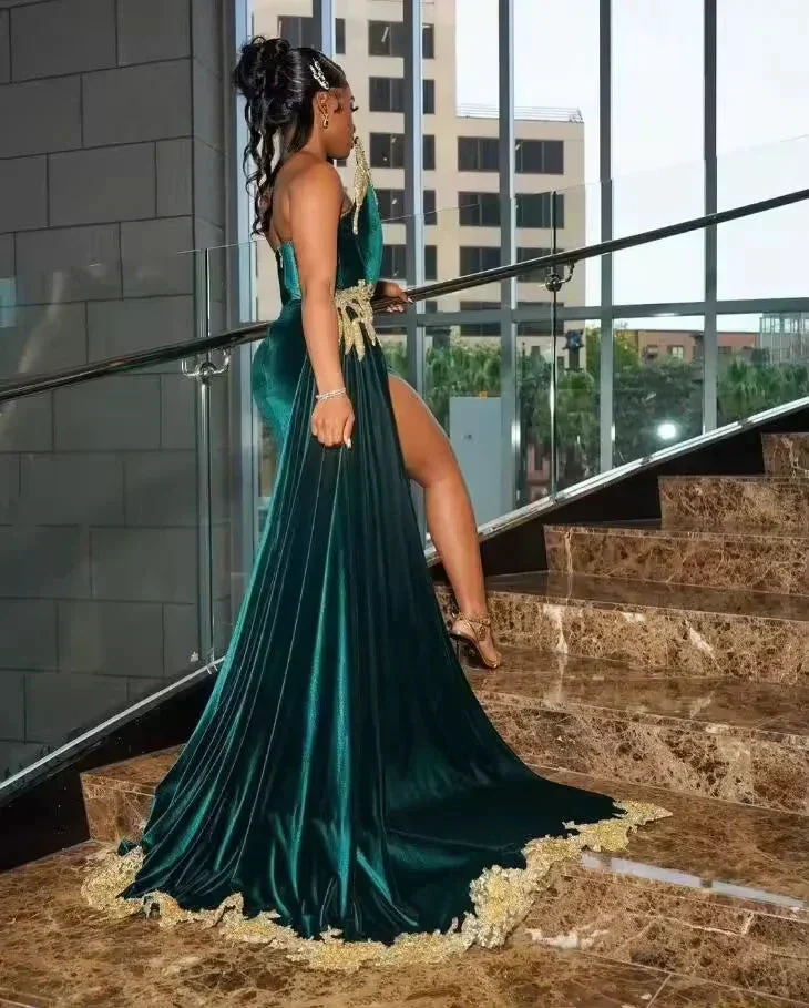 Sexy Green Velvet Prom Evening Dress Gold Applique Beaded Slit Black Girl Birthday Gown Y8122 - Image 3