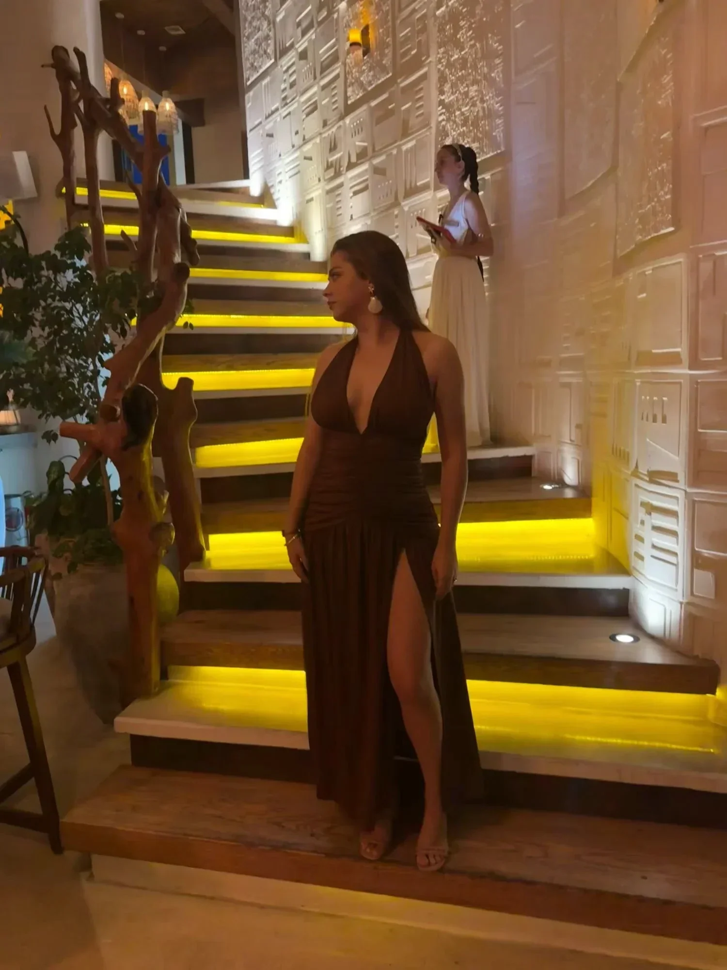 Sexy Halter Backless Brown A Line Slit Prom Dress Deep V Evening Dress Y8481 - Image 3