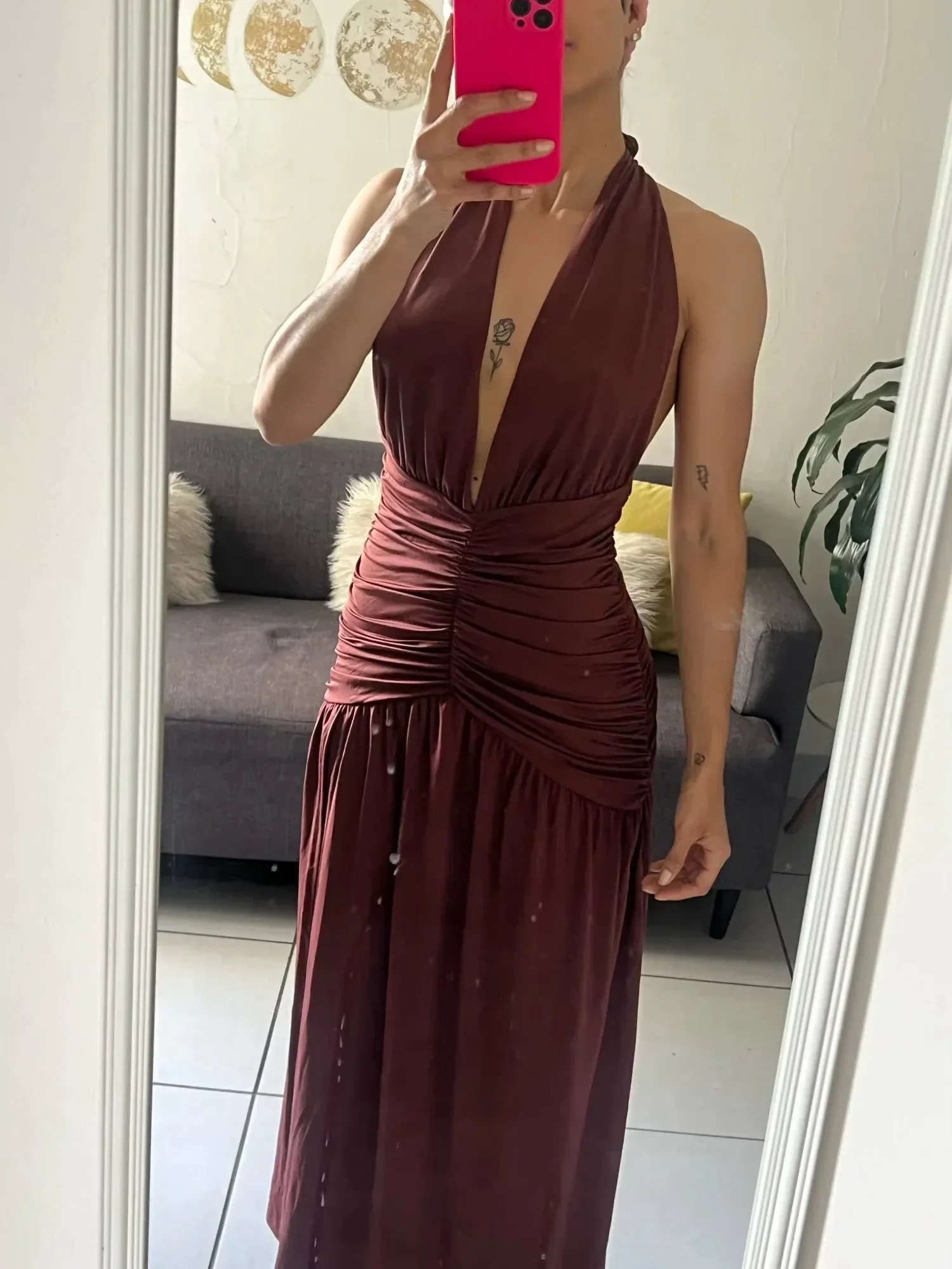 Sexy Halter Backless Brown A Line Slit Prom Dress Deep V Evening Dress Y8481 - Image 4