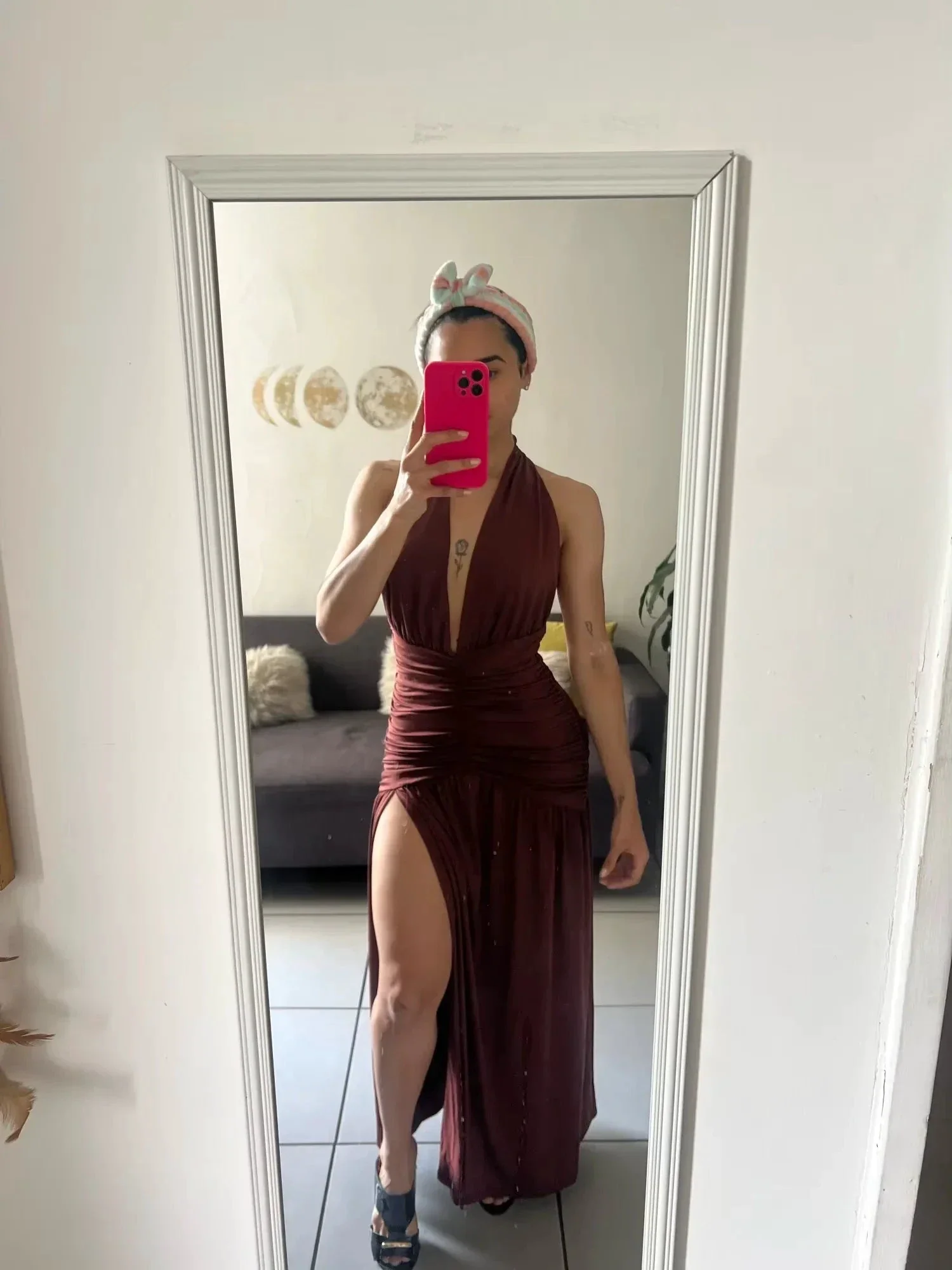 Sexy Halter Backless Brown A Line Slit Prom Dress Deep V Evening Dress Y8481 - Image 6