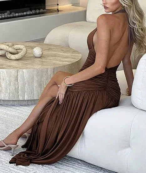 Sexy Halter Backless Brown A Line Slit Prom Dress Deep V Evening Dress Y8481 - Image 7