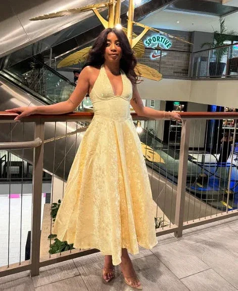 Sexy Halter Deep V Evening Dress Yellow Satin Print Prom Dress Y8249 - Image 2