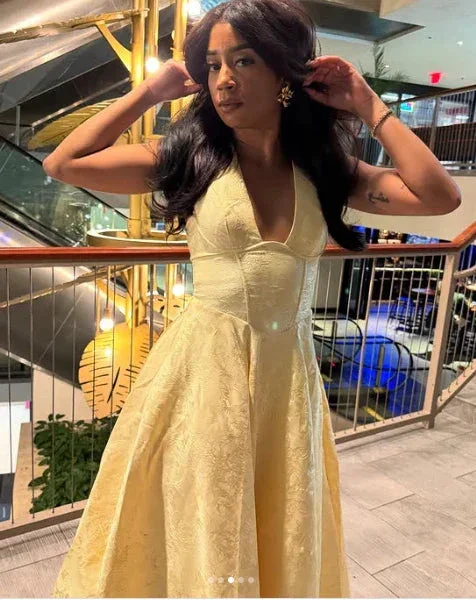 Sexy Halter Deep V Evening Dress Yellow Satin Print Prom Dress Y8249 - Image 3