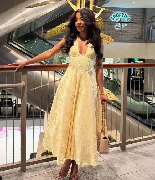 Sexy Halter Deep V Evening Dress Yellow Satin Print Prom Dress Y8249 - Image 4