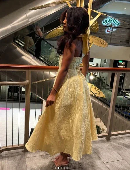 Sexy Halter Deep V Evening Dress Yellow Satin Print Prom Dress Y8249 - Image 5