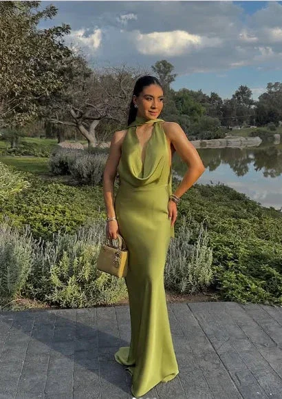 Sexy Halter Green Satin Prom Dress Lonr Evening Dress Y8210 - Image 2