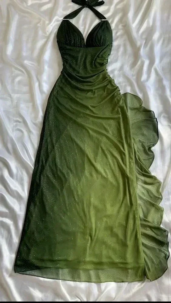 Sexy Halter Ombre Green V Neck Chiffon Long Prom Dress Party Evening Gown Y7484 - Image 2