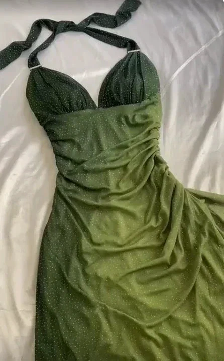 Sexy Halter Ombre Green V Neck Chiffon Long Prom Dress Party Evening Gown Y7484 - Image 3