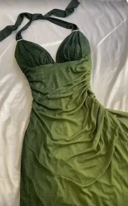 Sexy Halter Ombre Green V Neck Chiffon Long Prom Dress Party Evening Gown Y7484 - Image 4