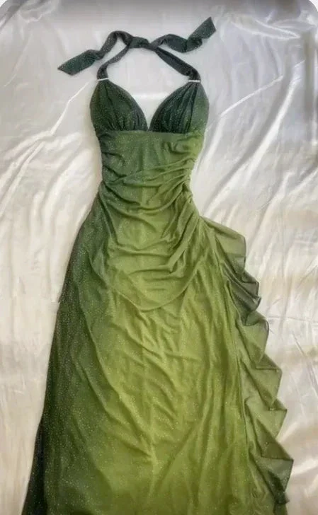 Sexy Halter Ombre Green V Neck Chiffon Long Prom Dress Party Evening Gown Y7484 - Image 5