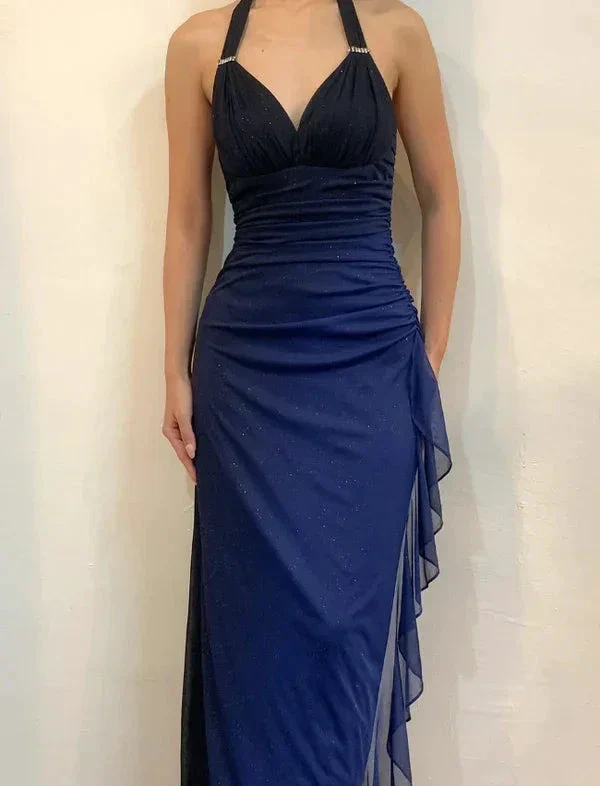 Sexy Halter Ombre Navy Blue V Neck Chiffon Long Prom Dress Party Evening Gown Y7486 - Image 2