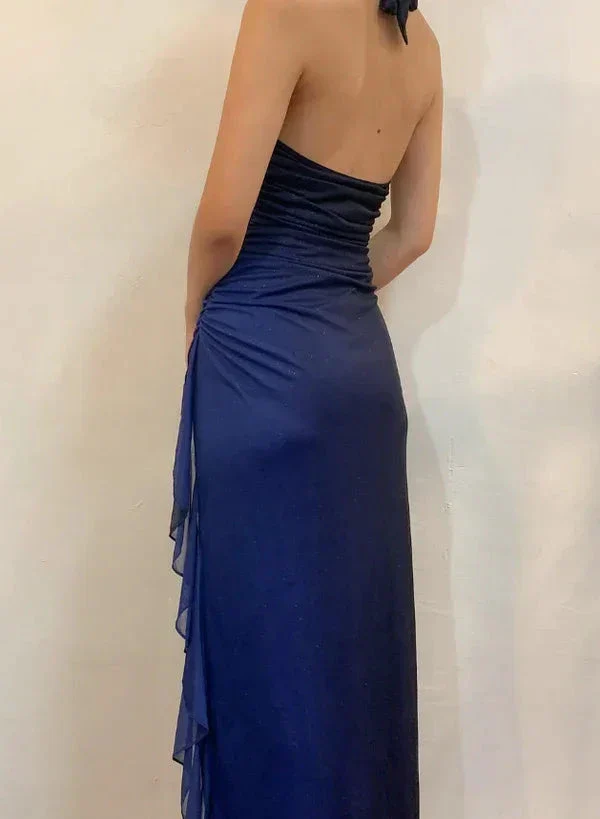 Sexy Halter Ombre Navy Blue V Neck Chiffon Long Prom Dress Party Evening Gown Y7486 - Image 3