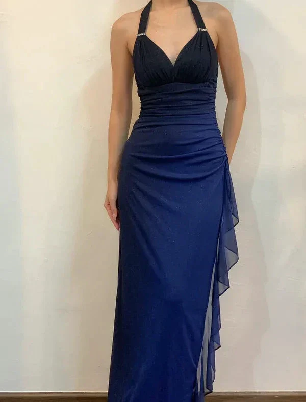 Sexy Halter Ombre Navy Blue V Neck Chiffon Long Prom Dress Party Evening Gown Y7486 - Image 5