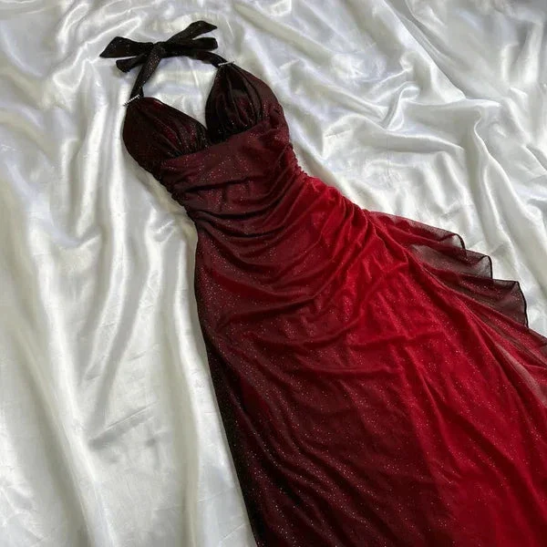Sexy Halter Ombre Red V Neck Chiffon Long Prom Dress Party Evening Gown Y7485 - Image 2