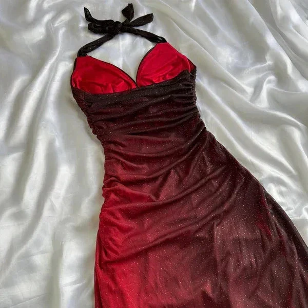 Sexy Halter Ombre Red V Neck Chiffon Long Prom Dress Party Evening Gown Y7485 - Image 4