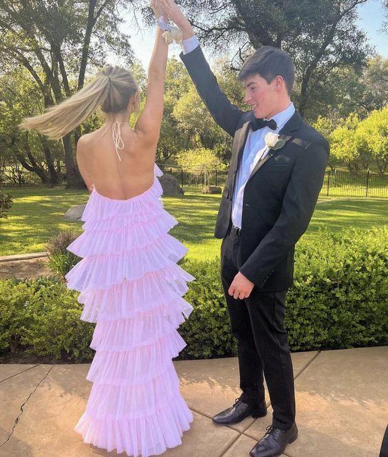 Sexy Halter Pink Layered Long Prom Evening Dresses,Chic Formal Gown Y1586 - Image 2