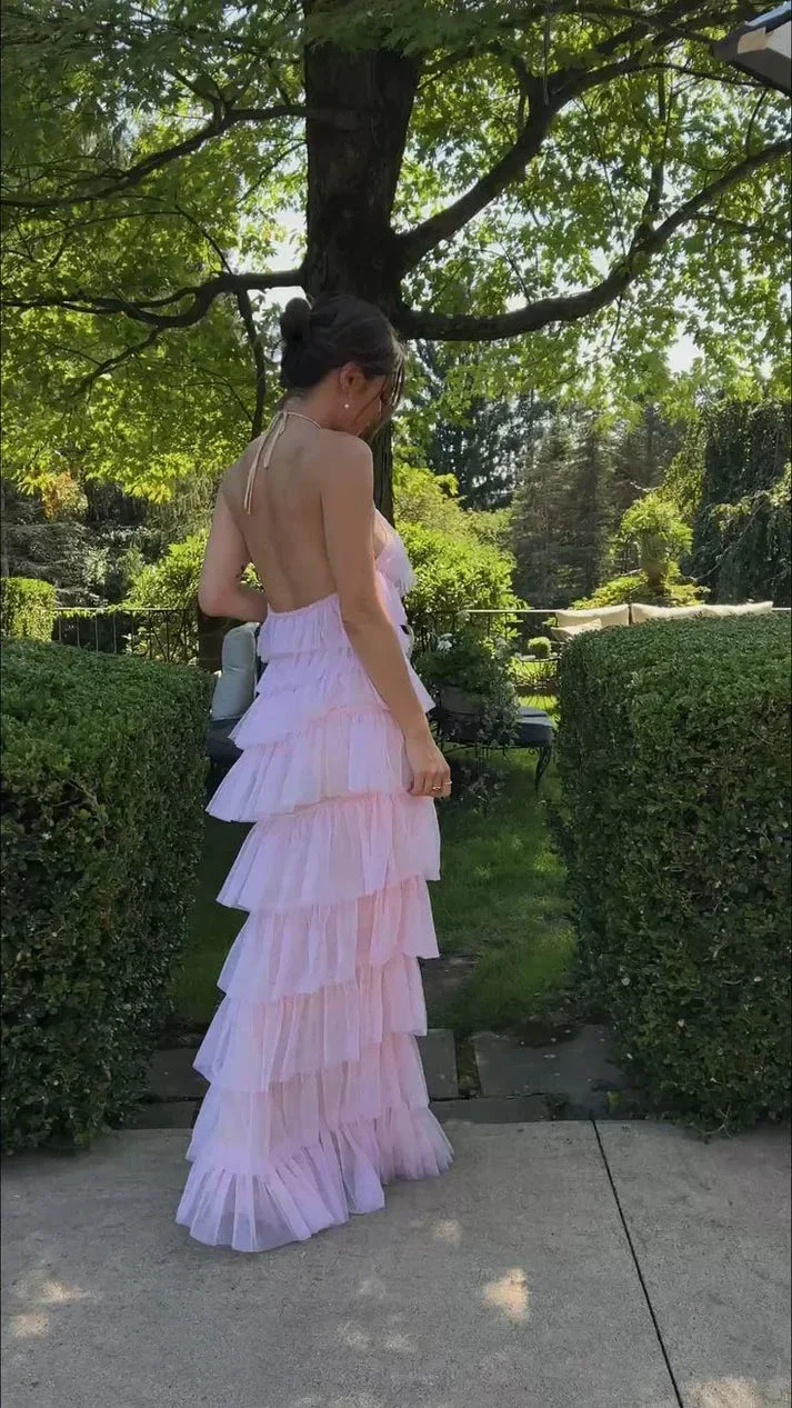Sexy Halter Pink Layered Long Prom Evening Dresses,Chic Formal Gown Y1586 - Image 5