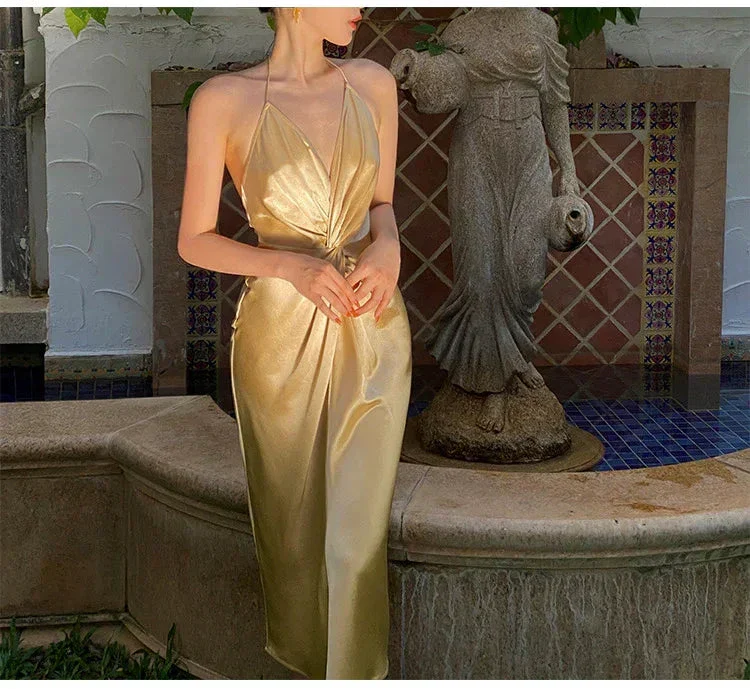 Sexy Halter V Neck Party Dress Champagne Gold Prom Evening Dress Y8211 - Image 2