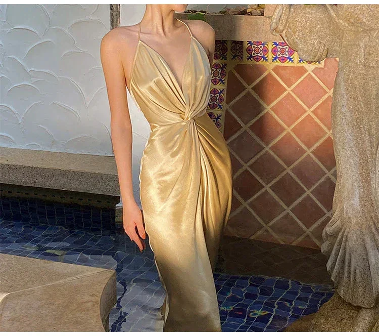 Sexy Halter V Neck Party Dress Champagne Gold Prom Evening Dress Y8211 - Image 3