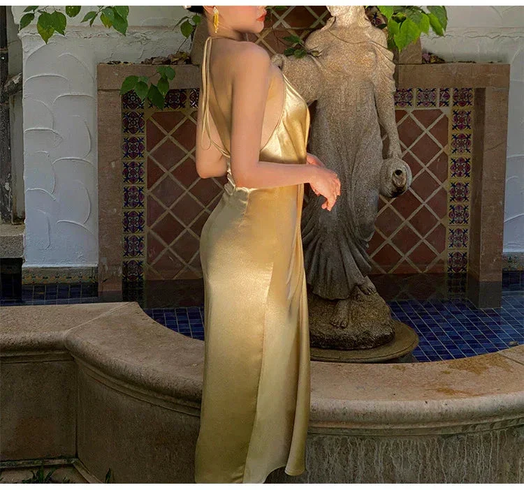 Sexy Halter V Neck Party Dress Champagne Gold Prom Evening Dress Y8211 - Image 4