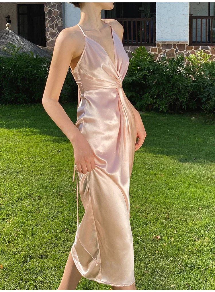 Sexy Halter V Neck Party Dress Champagne Gold Prom Evening Dress Y8211 - Image 7
