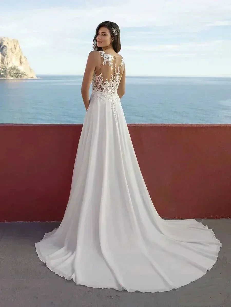 Sexy High Split Boho Chiffon Beach Wedding Dresses Summer V Neck Illusion Back Lace Bride Wedding Gowns Vestidos De Noiva - Image 3