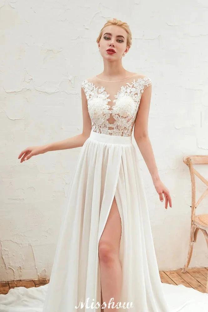 Sexy High Split Cap Sleeve Wedding Dress Sheer Back Ivory Lace Bridal Gown - Image 10