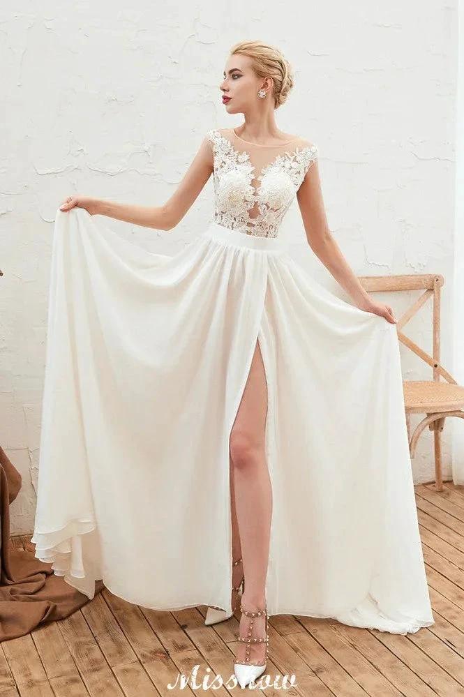 Sexy High Split Cap Sleeve Wedding Dress Sheer Back Ivory Lace Bridal Gown - Image 2