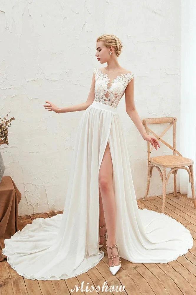 Sexy High Split Cap Sleeve Wedding Dress Sheer Back Ivory Lace Bridal Gown - Image 3