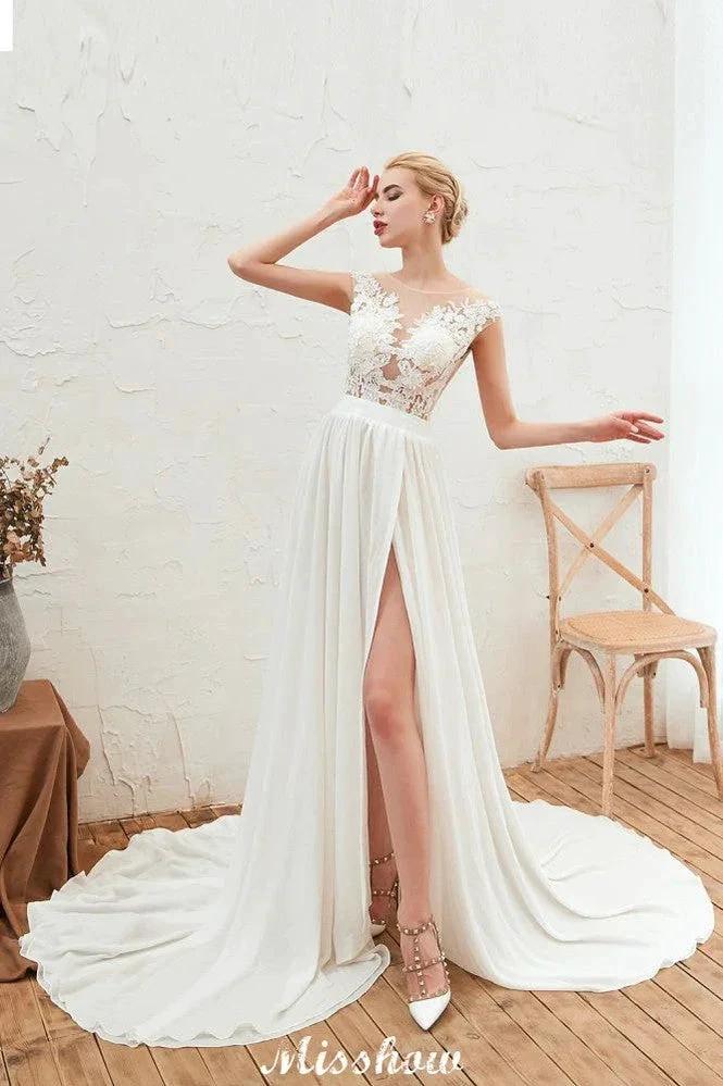 Sexy High Split Cap Sleeve Wedding Dress Sheer Back Ivory Lace Bridal Gown - Image 4