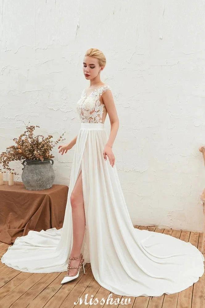 Sexy High Split Cap Sleeve Wedding Dress Sheer Back Ivory Lace Bridal Gown - Image 5