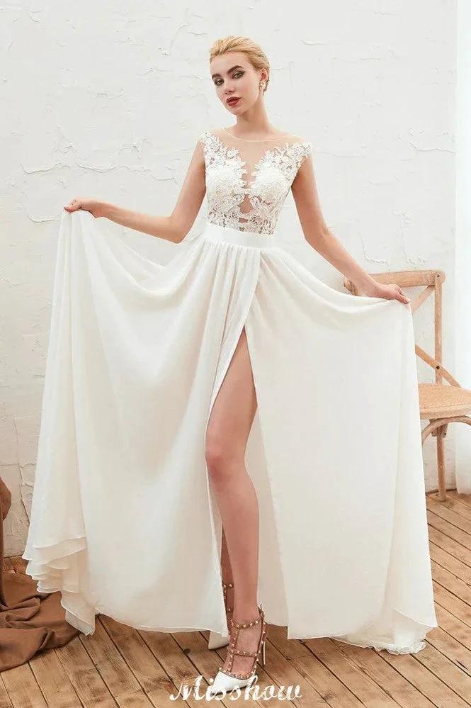 Sexy High Split Cap Sleeve Wedding Dress Sheer Back Ivory Lace Bridal Gown - Image 6