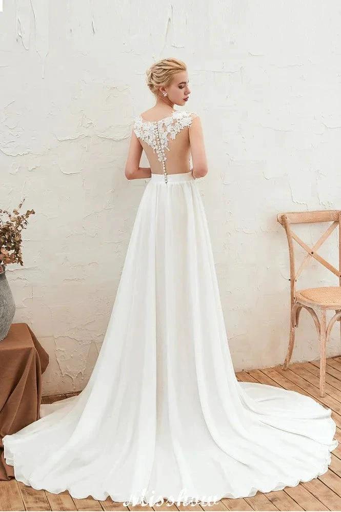 Sexy High Split Cap Sleeve Wedding Dress Sheer Back Ivory Lace Bridal Gown - Image 7
