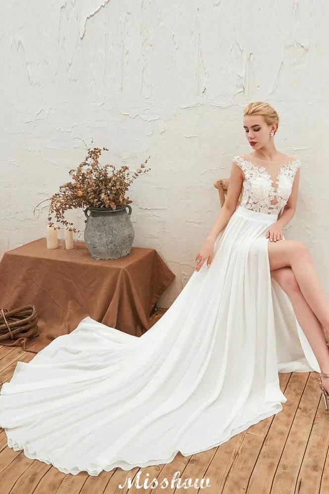 Sexy High Split Cap Sleeve Wedding Dress Sheer Back Ivory Lace Bridal Gown - Image 8