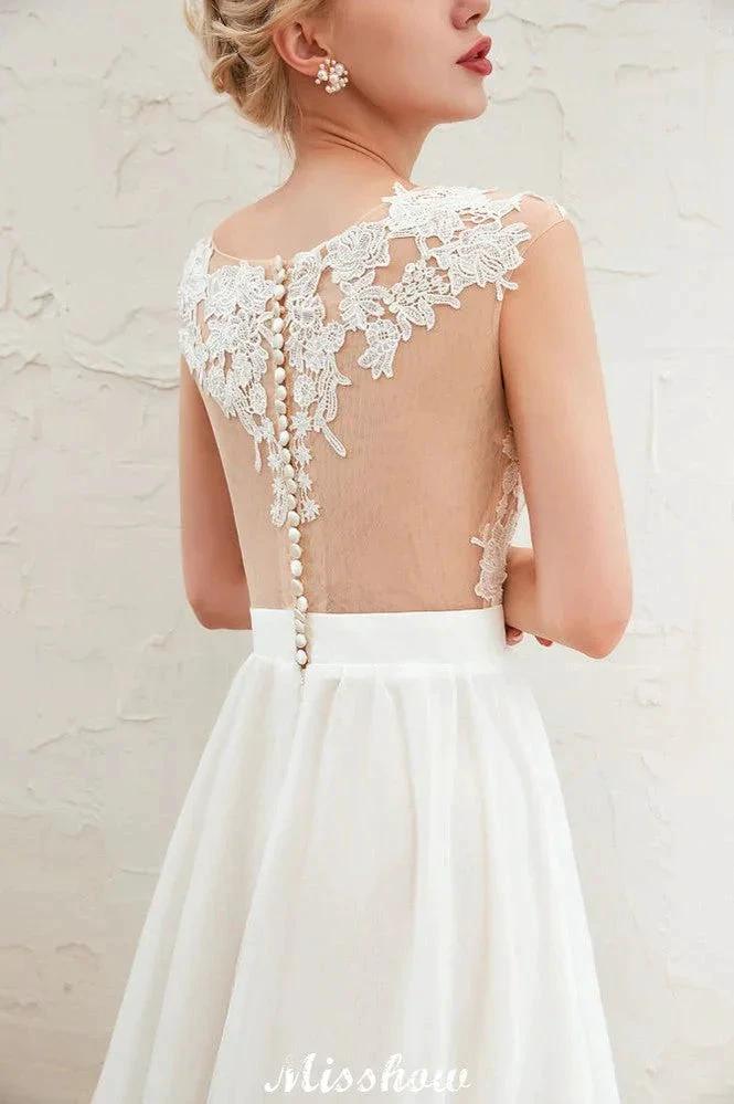 Sexy High Split Cap Sleeve Wedding Dress Sheer Back Ivory Lace Bridal Gown - Image 9