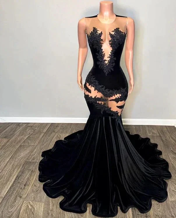 Sexy Lace Applique Prom Dress Black Mermaid Evening Dress Y6497 - Image 2