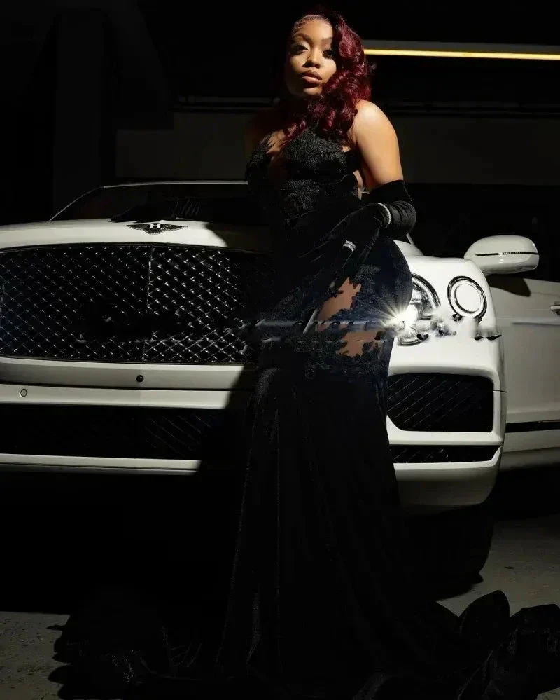 Sexy Lace Applique Prom Dress Black Mermaid Evening Dress Y6497 - Image 4